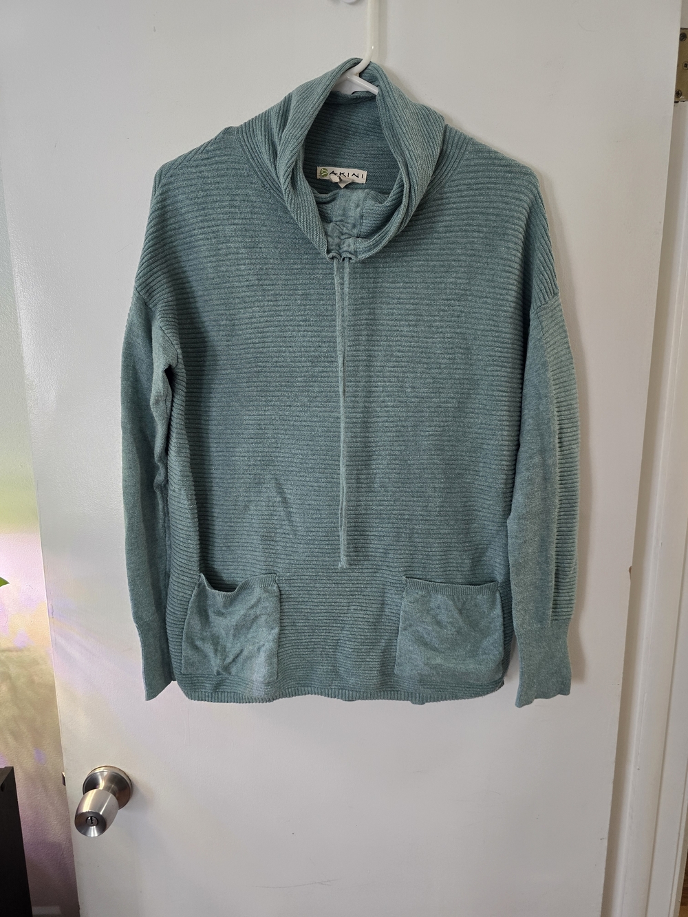 Dakini Teal Ribbed Funnel Neck Sweater Womens Cozy Quarter Zip Pullover